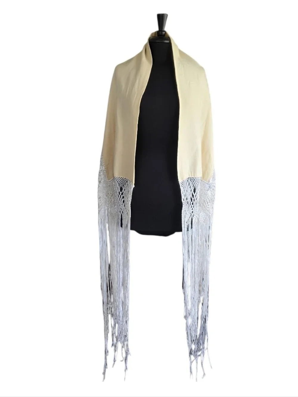 Vintage 70s Dramatic Fringe Wrap Boho Hippie Cream Shawl with White Fringe
